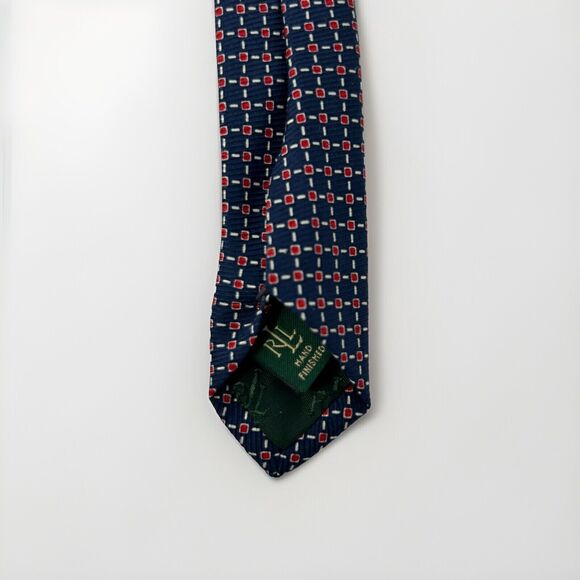 Lauren Ralph Lauren Navy Blue Red‎ Geometric Square 100% Silk Mens Neck Tie 57" - Picture 5 of 6